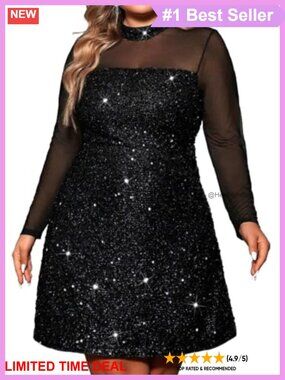 Plus Size Sheer Mesh Sequin A-Line Long Sleeve Party Club Dress
